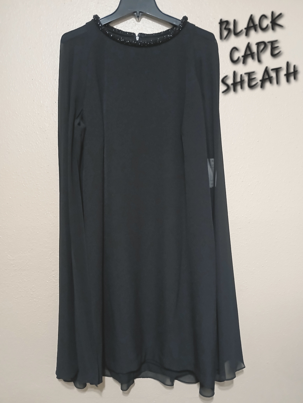 Women's Black Sleeveless Sheath Dress with Beaded Neckline and Sheer Cape